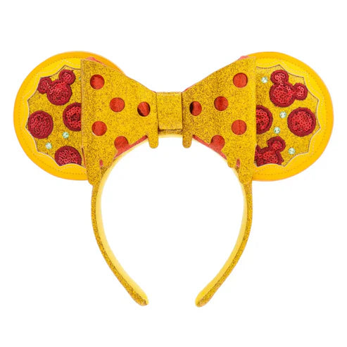 Yellow headband with red bow and pepperoni shaped mouse ears on a white background