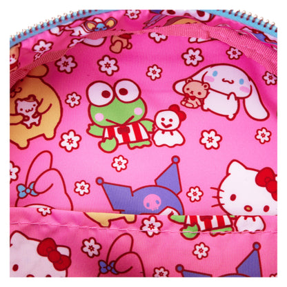 Pink bag with hello kitty characters pattern on a white background
