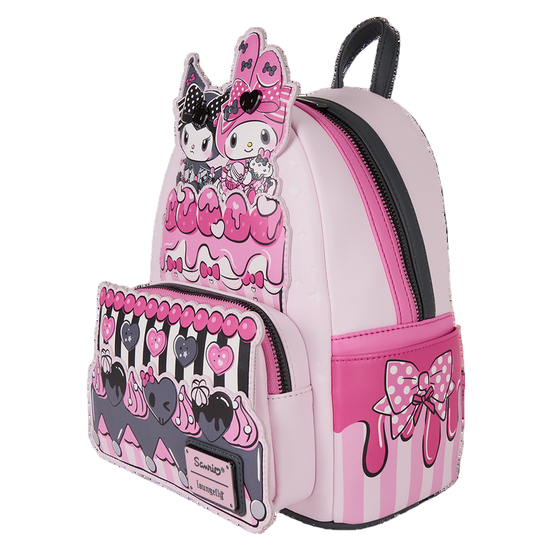 Pink and gray mini backpack with  Kuromi and My Melody Sanrio character design on a white background