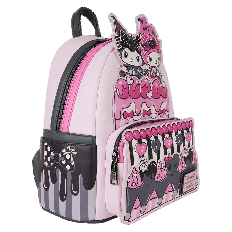 Mini backpack with Kuromi and My Melody Sanrio characters and decorative elements on a white background