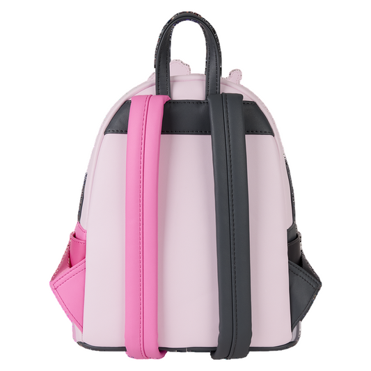 Pink backpack with one black strap and one darker pink strap on a white background