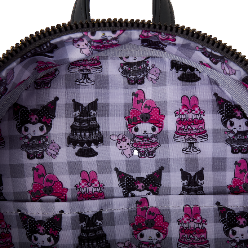 Close-up of a patterned fabric with Kuromi and My Melody Sanrio characters and checkered background