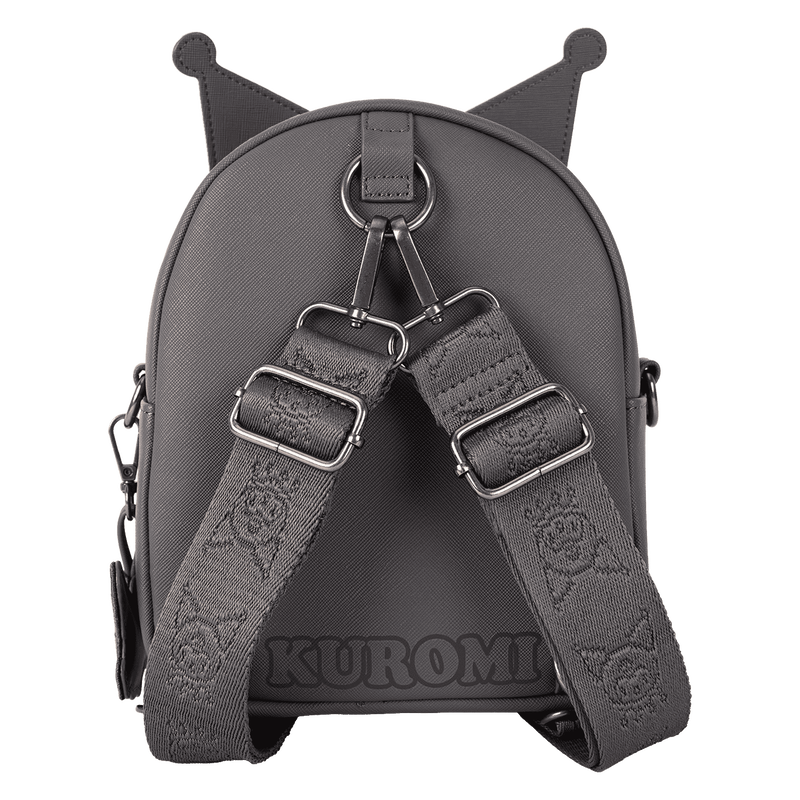 Gray backpack with shoulder straps featuring a brand logo 'Kuromi' on a white background