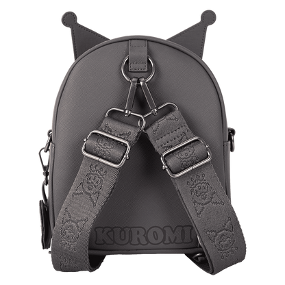 Gray backpack with shoulder straps featuring a brand logo 'Kuromi' on a white background