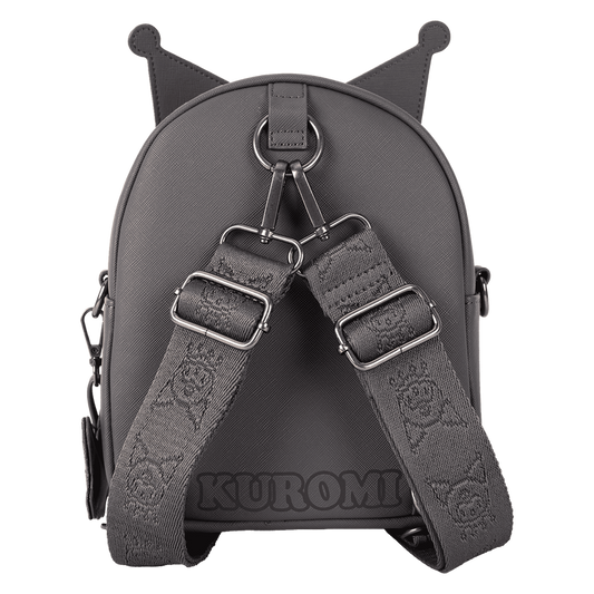 Gray backpack with shoulder straps featuring a brand logo 'Kuromi' on a white background