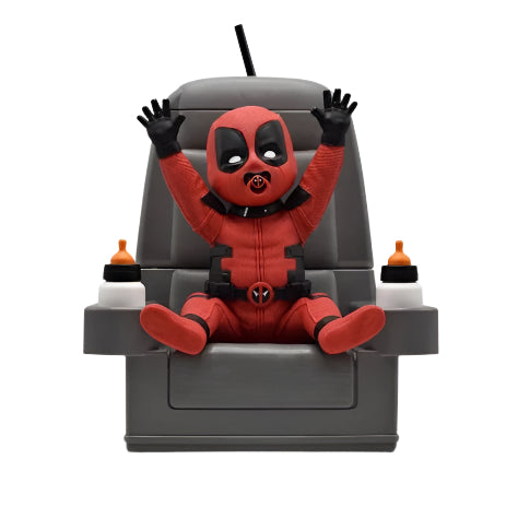 Deadpool popcorn bucket and sipper with baby Deadpool sitting in a car seat on a white background