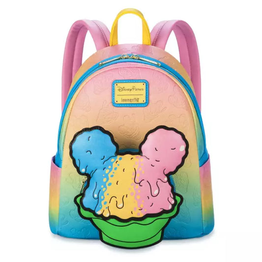 Colorful mini backpack with Mickey Mouse shaped shaved ice design and Disney Parks Loungefly logo.