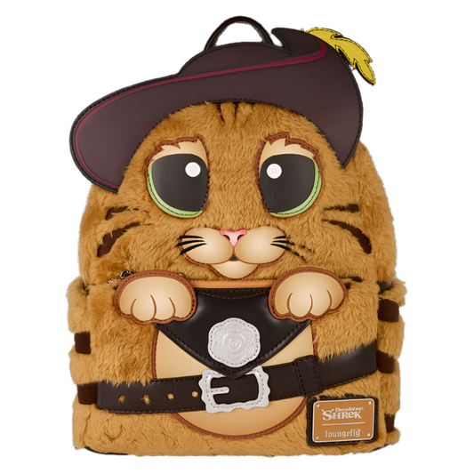 Plush backpack shaped like Puss in Boots in a pirate costume with a Shrek logo.