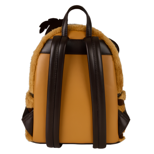 Backpack with brown leather and black fur accents on a white background