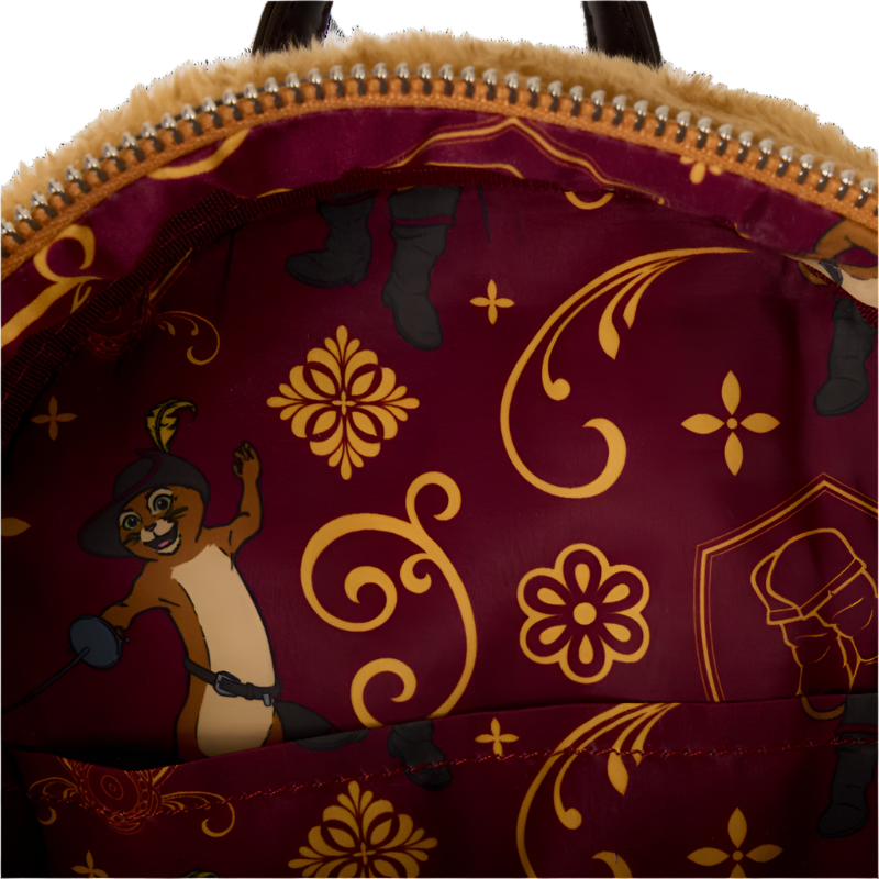 Close-up of a bag with Puss in Boots design on a maroon background.