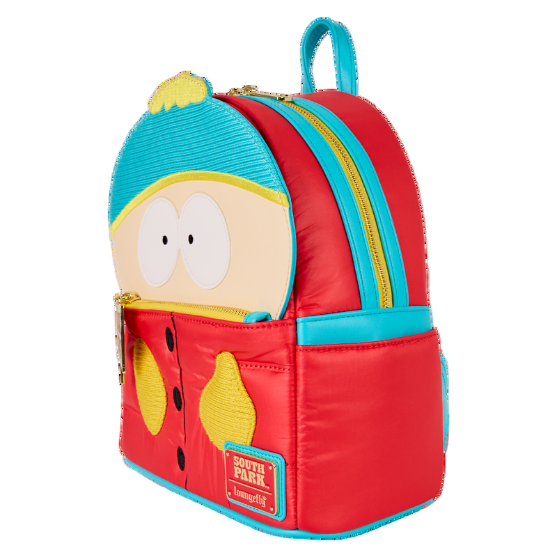 Front and side view South Park Cartman Mini Backpack with Cartman's face on a white background
