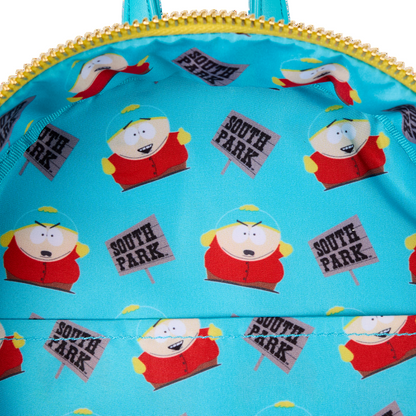 Inside view South Park Cartman Mini Backpack with Cartman character and South Park text pattern on a white background