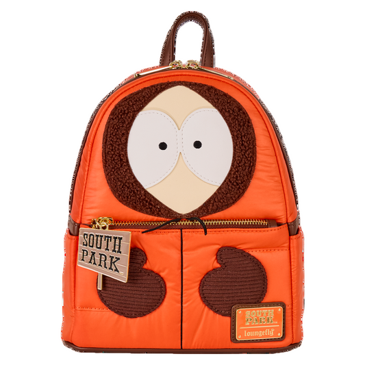 Front view South Park Kenny Cosplay Mini Backpack face and 'South Park' ands loiungefly branding on a white background