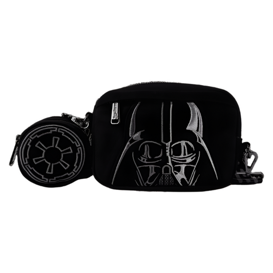 Black crossbody bag with Darth Vader design on a white background