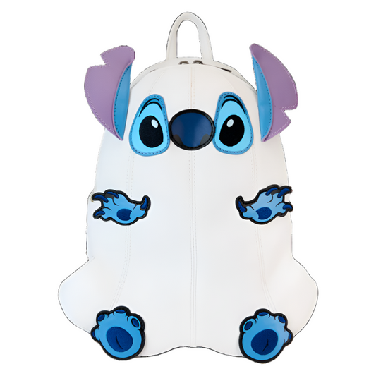 Backpack shaped like Stitch as a  ghost with blue eyes, ears, and paws on a white background
