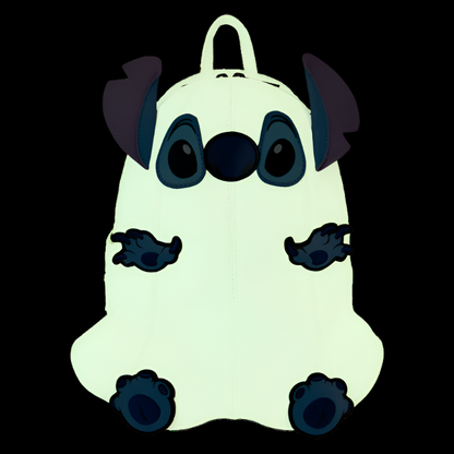 Stitch ghost-shaped backpack glowing in the dark on a dark background