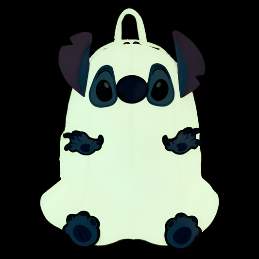 Stitch ghost-shaped backpack glowing in the dark on a dark background