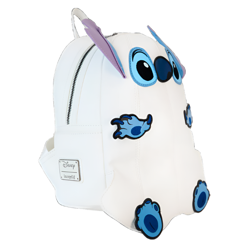 Backpack designed like Stitched dressed as a ghost with blue accents on a white background