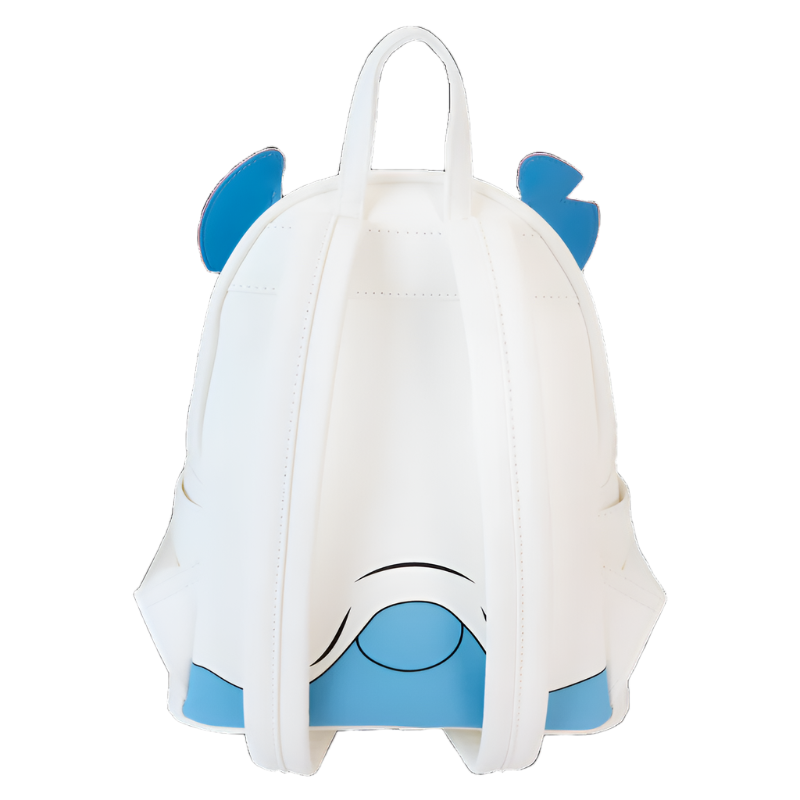 Stitch backpack with blue ears and a tail sticking out from ghost costume on a white background