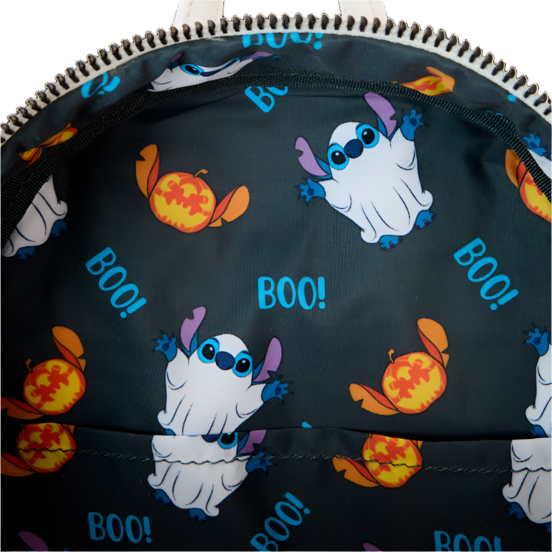 Stitch Halloween-themed fabric with ghosts, pumpkins, and 'BOO!' text on a dark background.