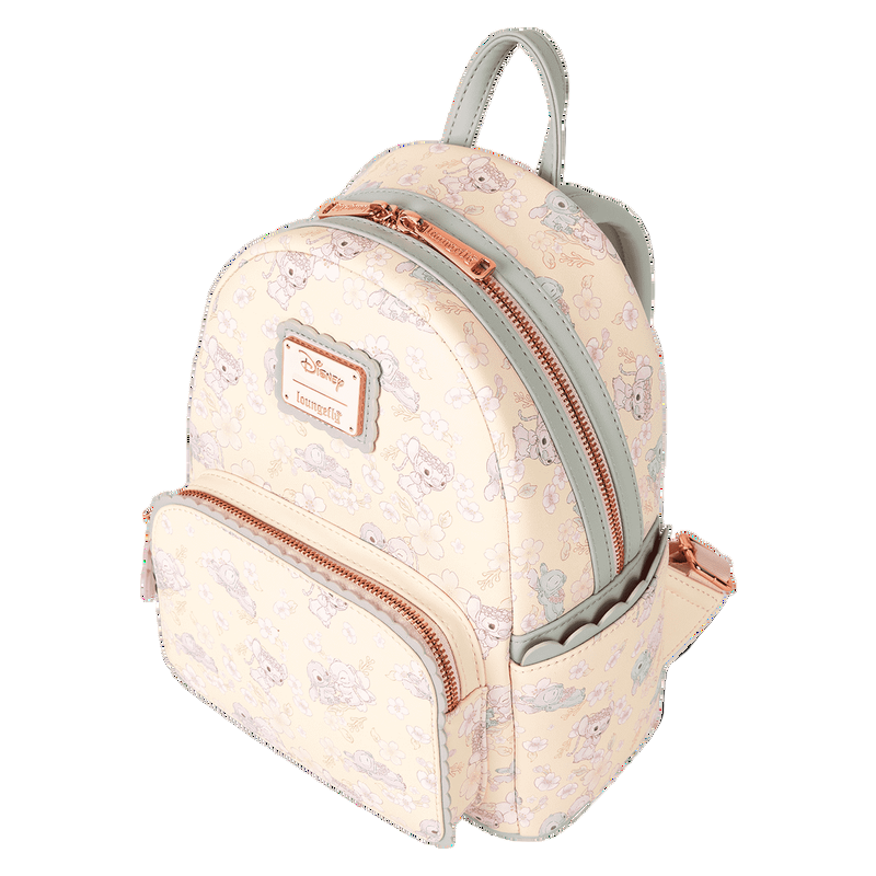 Top and side view of Stitch & Angel Cherry Blossom Backpack with Stitch & Angel pattern with Disney and Loungefly logo on a white background