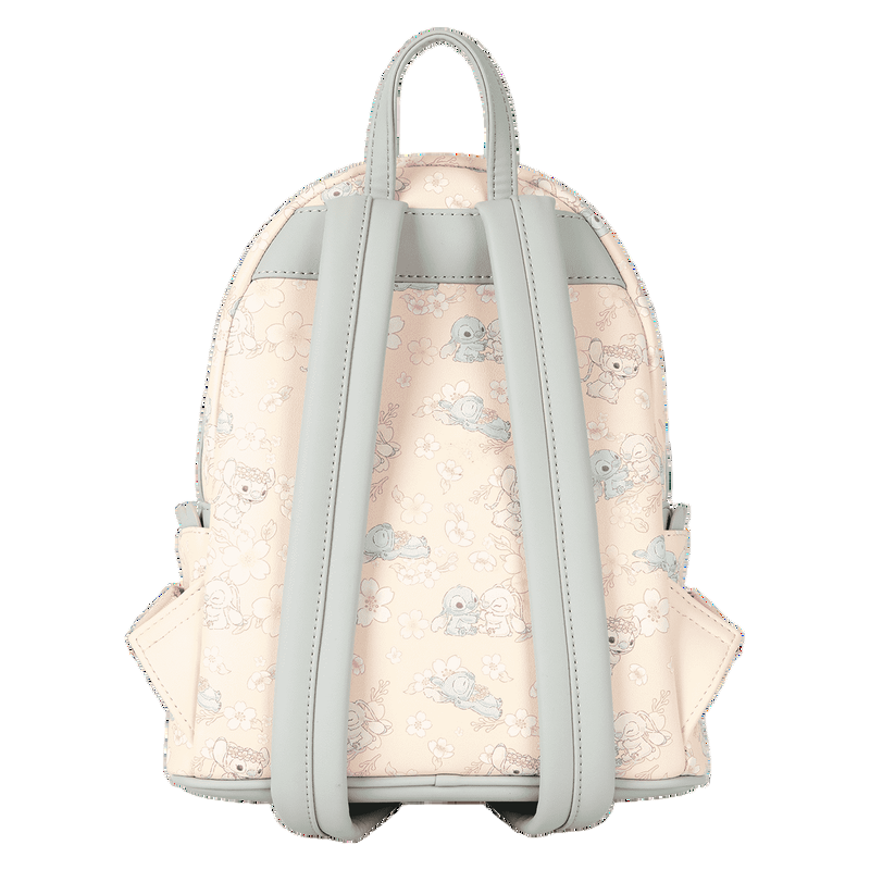Back view of Stitch & Angel Cherry Blossom Backpack with Stitch & Angel  pattern on a white background