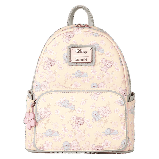 Front view of Stitch & Angel Cherry Blossom Backpack with Stitch & Angel pattern on a white background