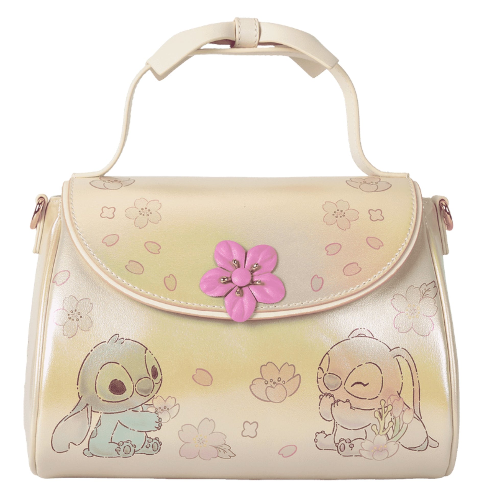Front Stitch & Angel Cherry Blossom Bow Handle Crossbody Bag and floral design on a white background