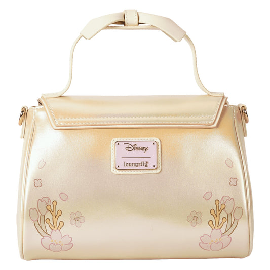 Back Stitch & Angel Cherry Blossom Bow Handle Crossbody Bag with floral designs and Disney and Loungefly logo on a white background