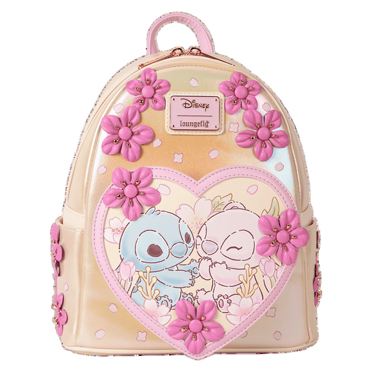 Front Stitch & Angel Cherry Blossom Heart Mini Backpack with pink flowers on a white background