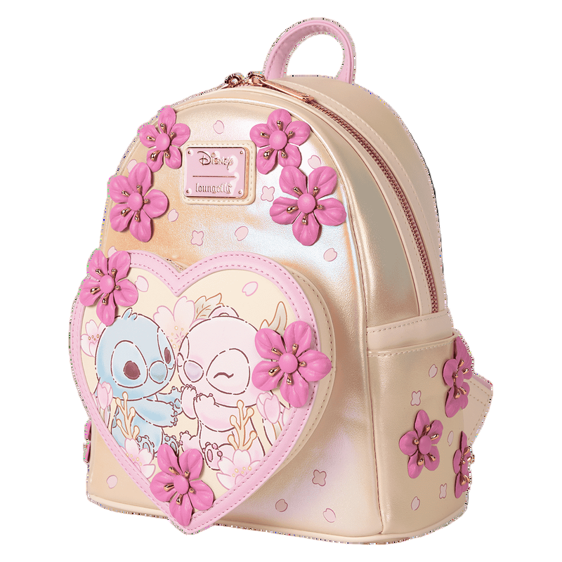 Side Stitch & Angel Cherry Blossom Heart Mini Backpack with pink flowers on a white background