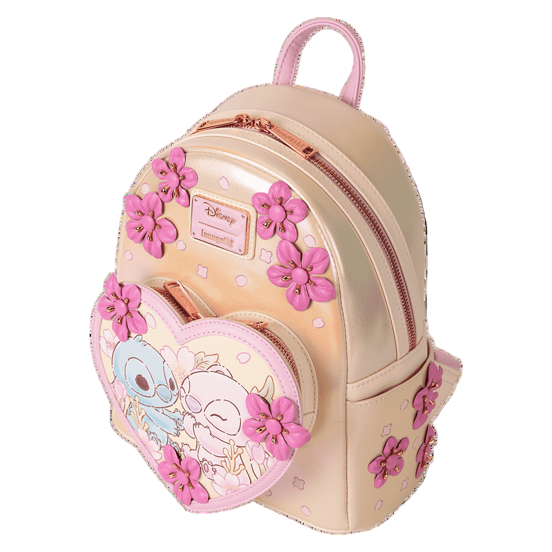 Top and side Stitch & Angel Cherry Blossom Heart Mini Backpack with pink floral decorations and Disney character design on a white background