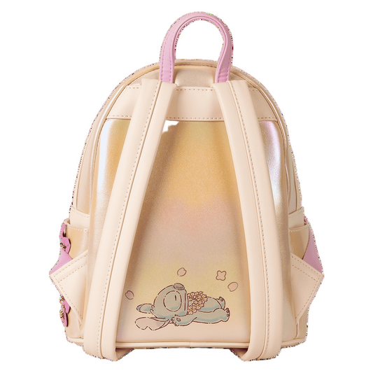 Back Stitch & Angel Cherry Blossom Heart Mini Backpack with stitch laying down on a white background