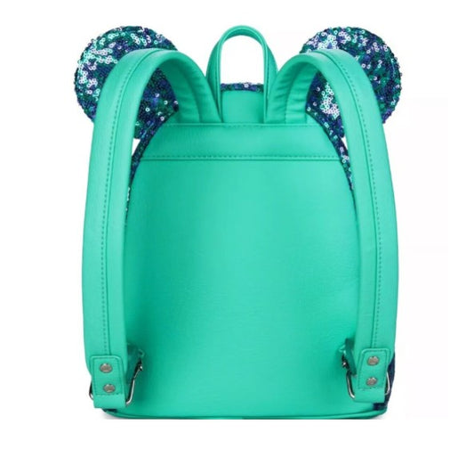Teal backpack with sequin ear designs on a white background