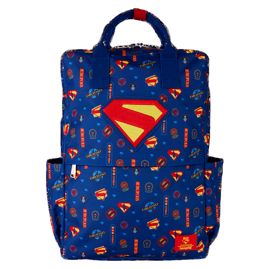 Superman design on a handled backpack on a white background. 