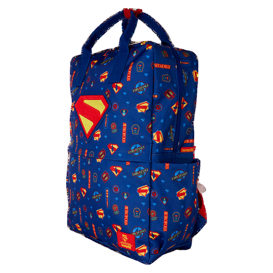 Superman design on a handled backpack with side pockets on a white background. 