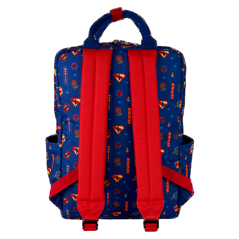 Back of full size blue backpack with red straps on a  white background.