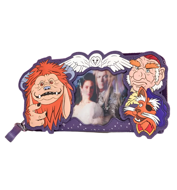 Labyrinth character-themed wristlet wallet with characters on a purple background