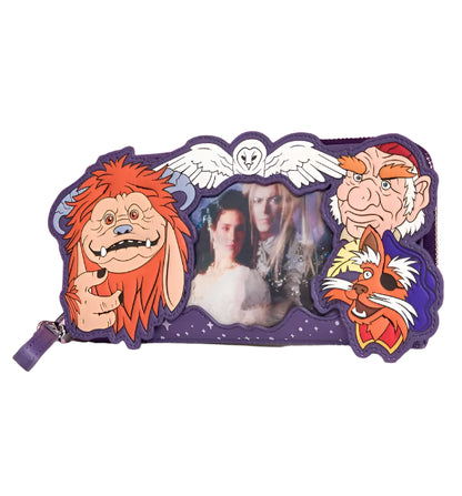 Labyrinth character-themed wristlet wallet with characters on a purple background