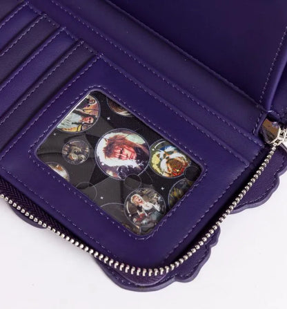 Purple wallet with a clear window displaying David Bowie and other actors and characters inside
