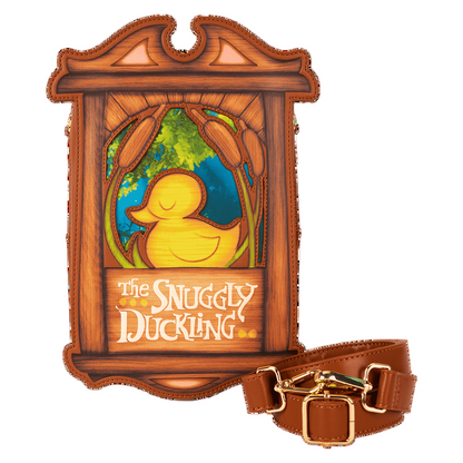 Front view of the Tangled Rapunzel The Snuggly Duckling Crossbody Bag, attached to a brown strap on a white background