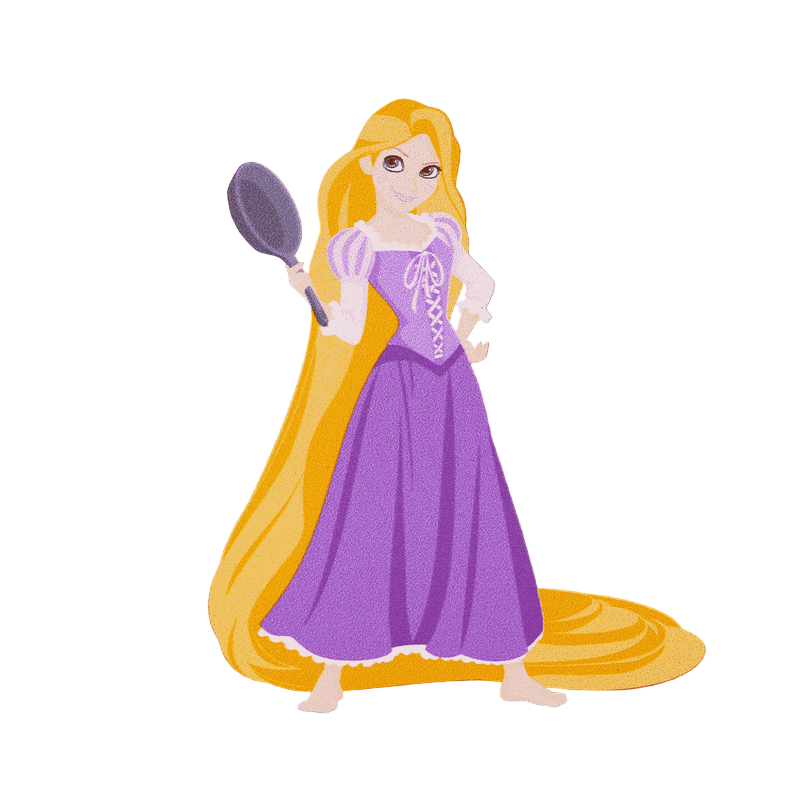 Rapunzel with long blonde hair and a purple dress holding a mirror on a white background