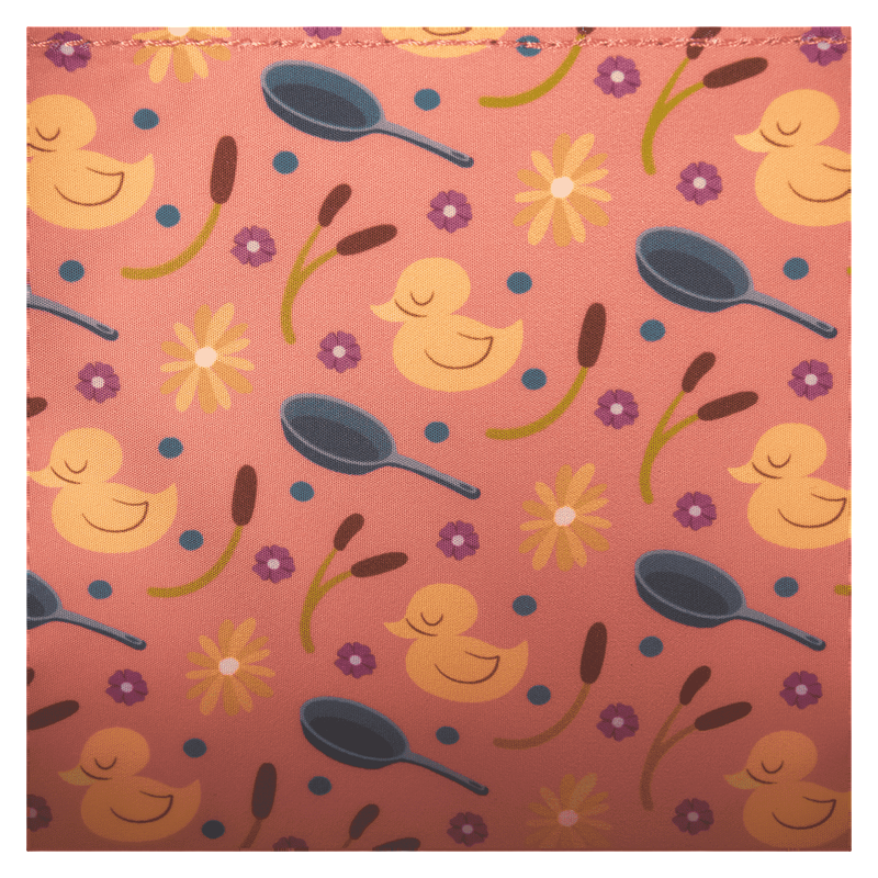 Inside pattern fabric with yellow ducks, blue boats, and flowers on a white background