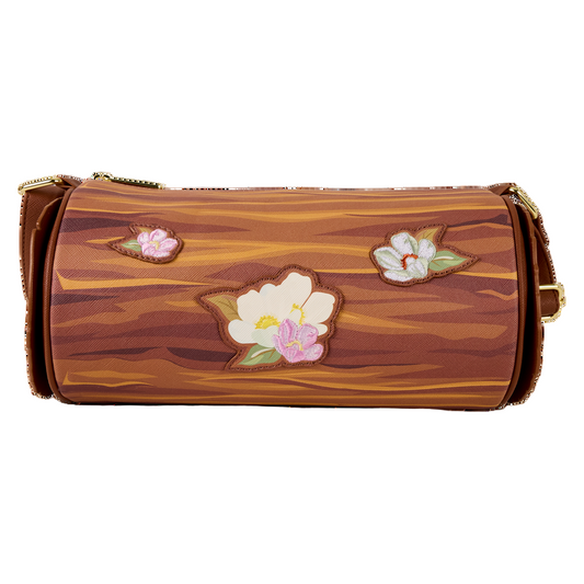 Front view of The Fox and the Hound Forest Floral Log Figural Crossbody with floral designs on a white background