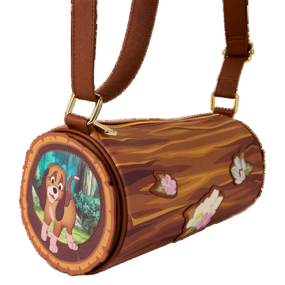 Side view of The Fox and the Hound Forest Floral Log Figural Crossbody on a white background