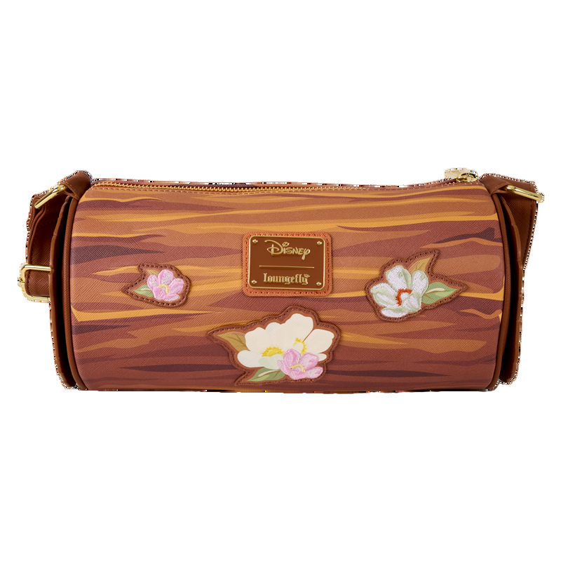 Back view of The Fox and the Hound Forest Floral Log Figural Crossbody with floral designs and a Disneyand Loungefly logo on a white background