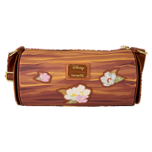 Back view of The Fox and the Hound Forest Floral Log Figural Crossbody with floral designs and a Disneyand Loungefly logo on a white background