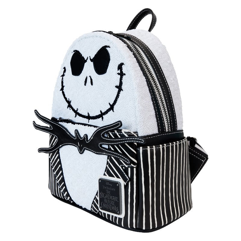 Side Jack Skellington Sequin Mini Backpack with black and white striped pattern on a white background