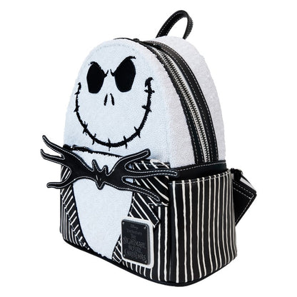 Side Jack Skellington Sequin Mini Backpack with black and white striped pattern on a white background