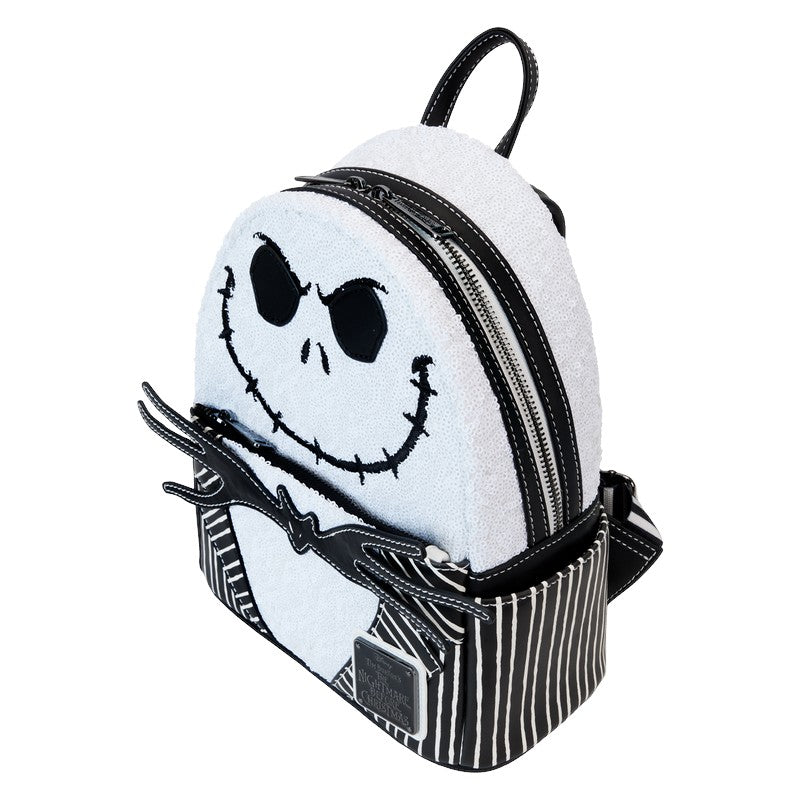 Top and side Jack Skellington Sequin Mini Backpack with a smiley face design on a white background